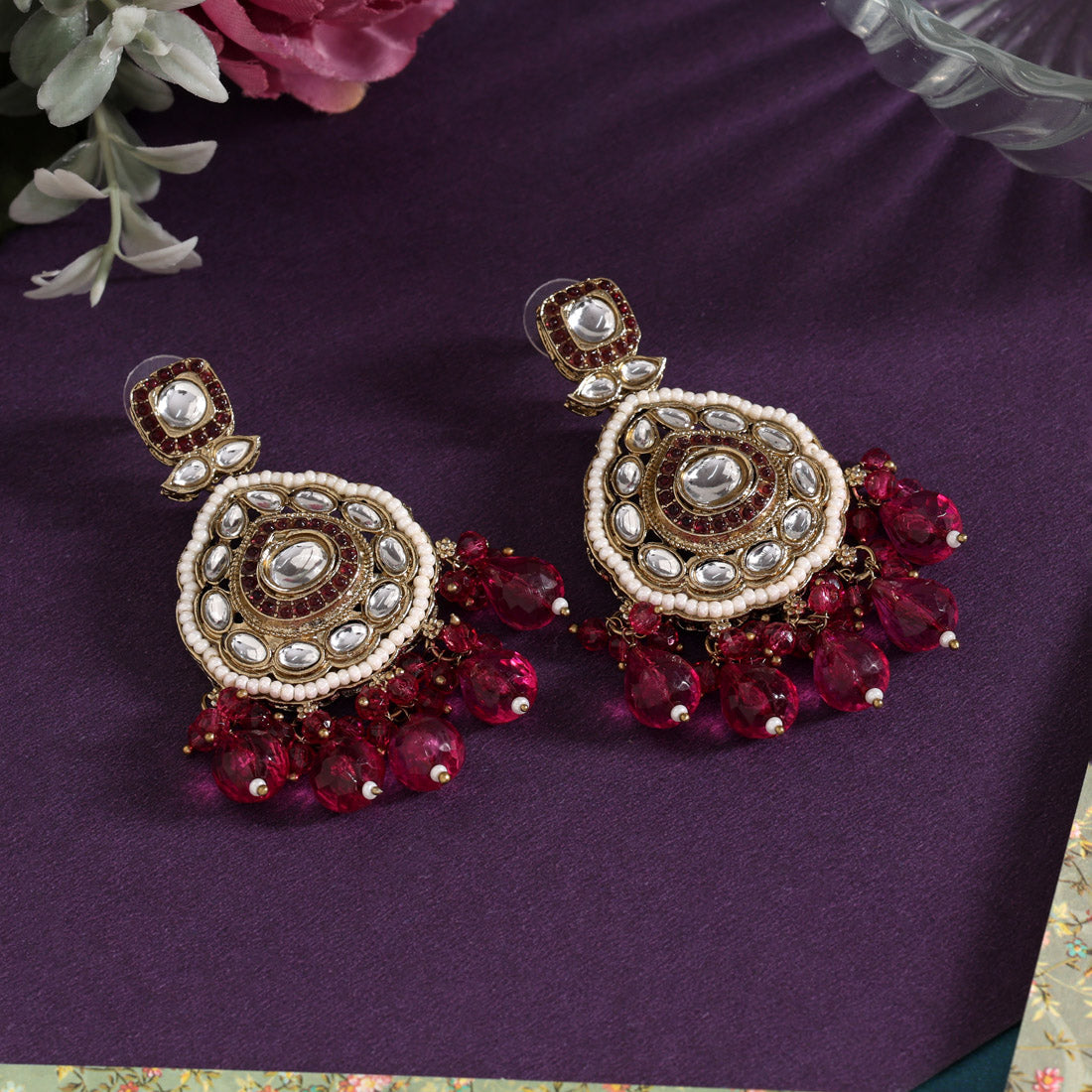 Magenta Color Kundan Earrings (KDE1018MNT)