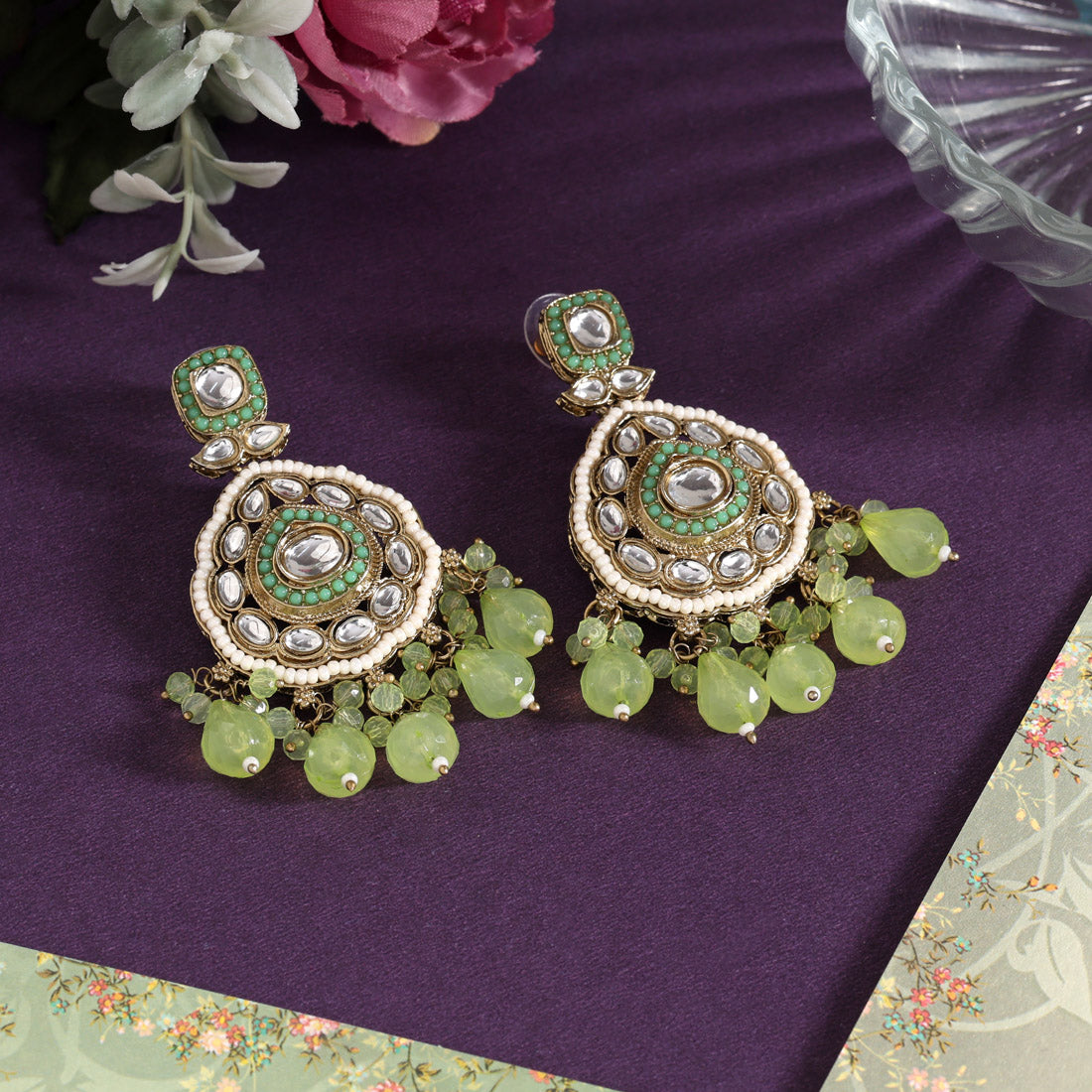 Pista Green Color Kundan Earrings (KDE1018PGRN)