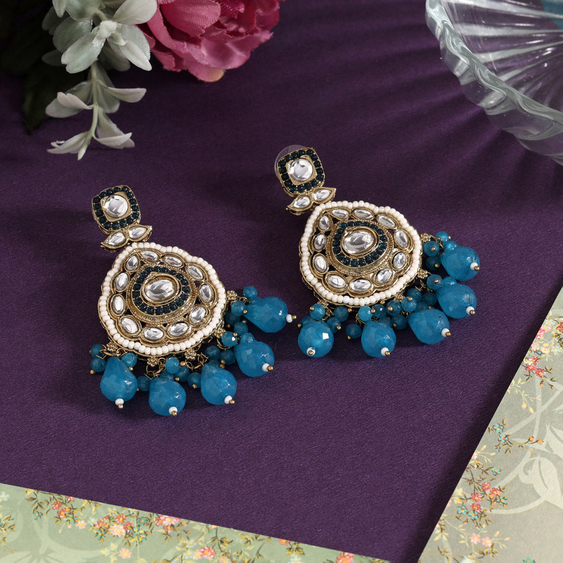 Turquoise Blue Color Kundan Earrings