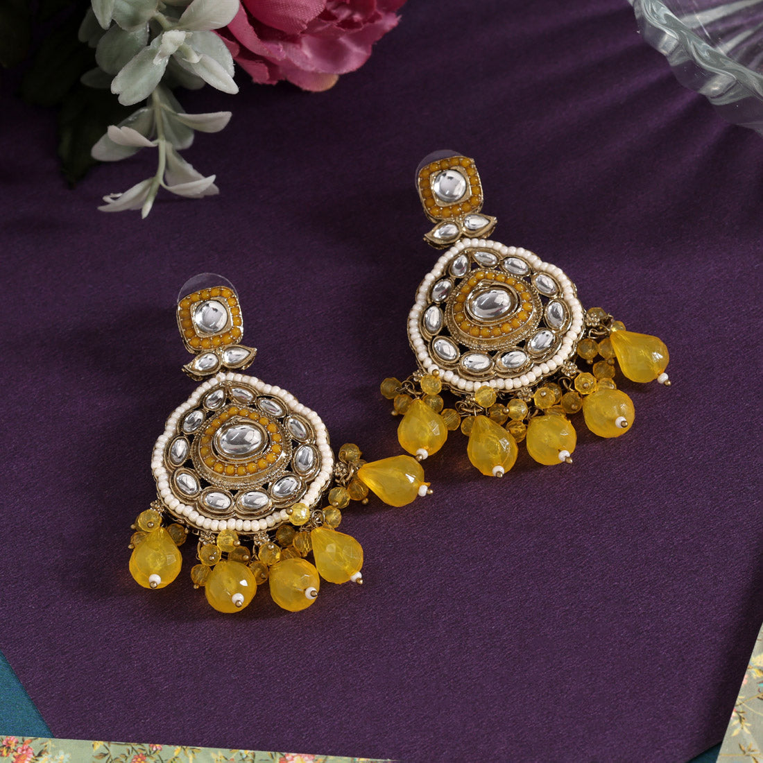 Yellow Color Kundan Earrings (KDE1018YLW) Jewellery GetGlit