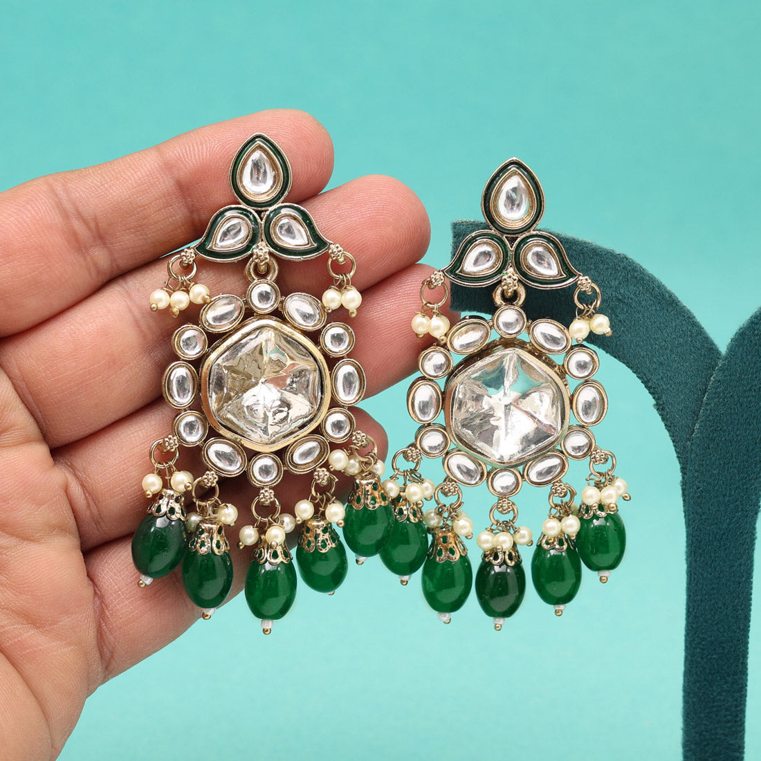 Green Color Kundan Earrings (KDE1019GRN) Jewellery GetGlit