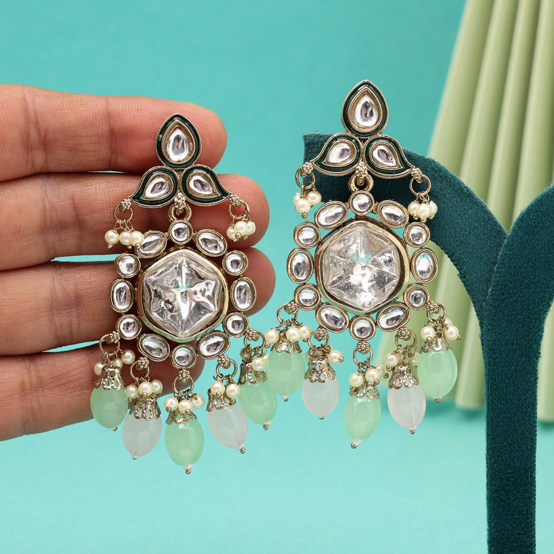 Pink & Pista Green Color Kundan Earrings Jewellery GetGlit