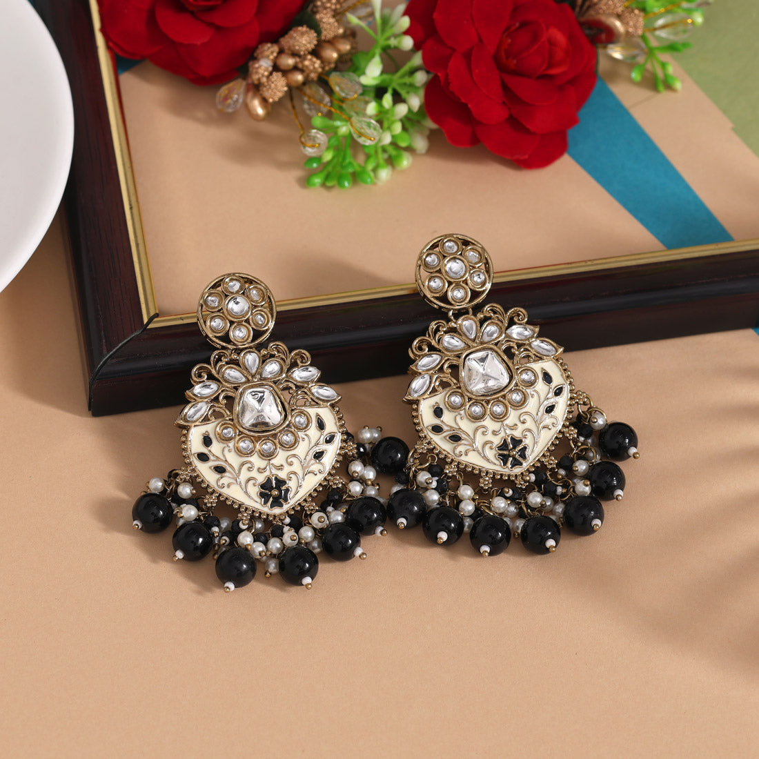 Black Color Meena Work Kundan Earrings (KDE1027BLK) Jewellery GetGlit