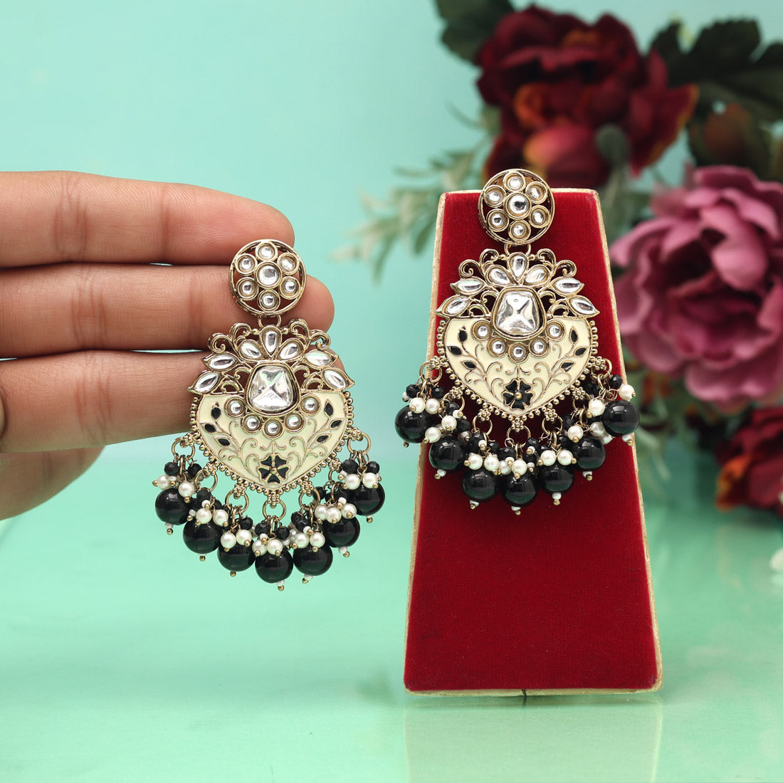 Black Color Meena Work Kundan Earrings (KDE1027BLK) Jewellery GetGlit