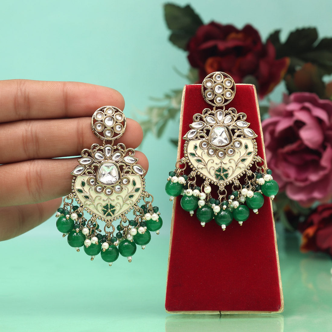 Green Color Meena Work Kundan Earrings (KDE1027GRN) Jewellery GetGlit