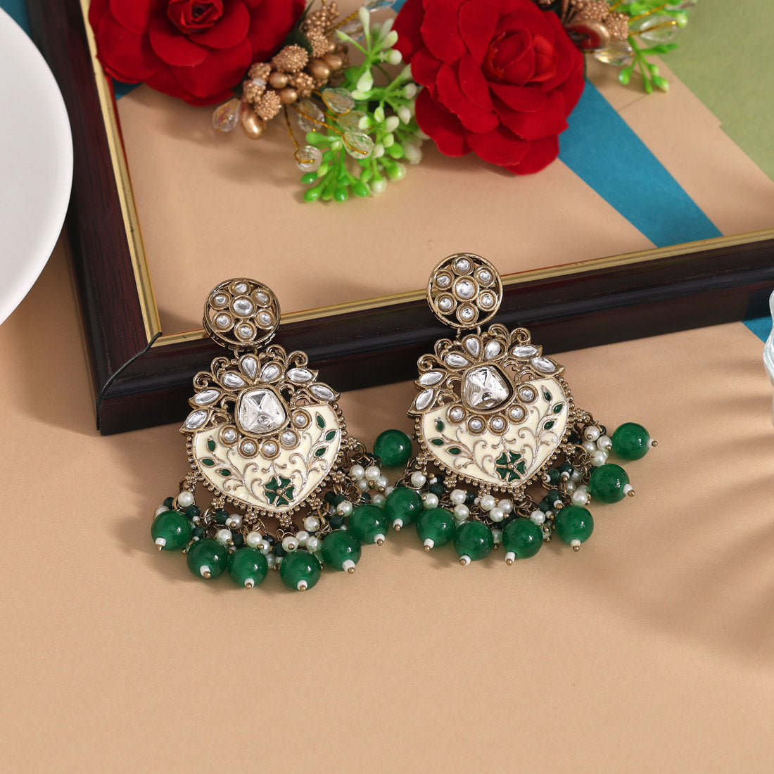 Green Color Meena Work Kundan Earrings (KDE1027GRN) Jewellery GetGlit