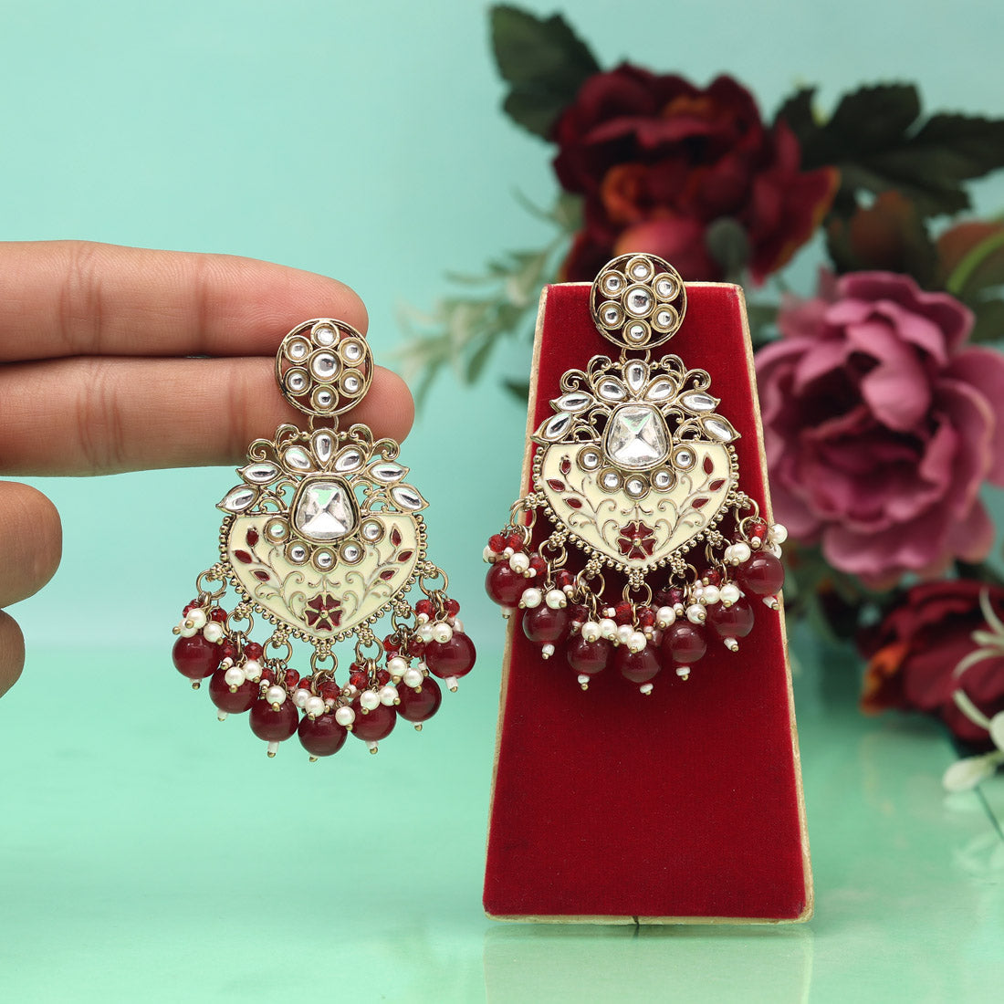 Maroon Color Meena Work Kundan Earrings (KDE1027MRN) Jewellery GetGlit