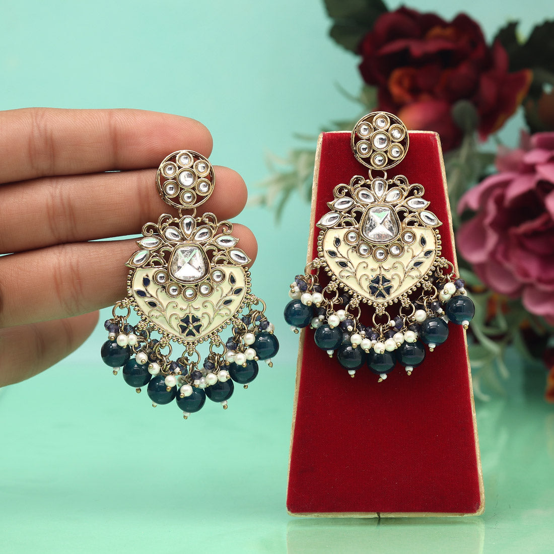 Navy Blue Color Meena Work Kundan Earrings (KDE1027NBLU) Jewellery GetGlit