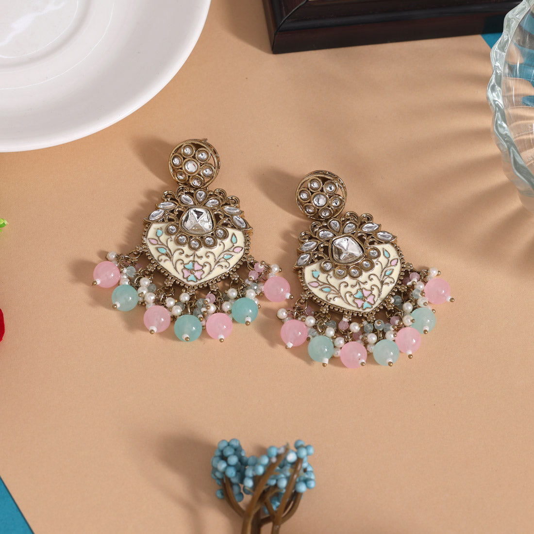 Pink & Sky Blue Color Meena Work Kundan Earrings (KDE1027PNKSBLU) Jewellery GetGlit