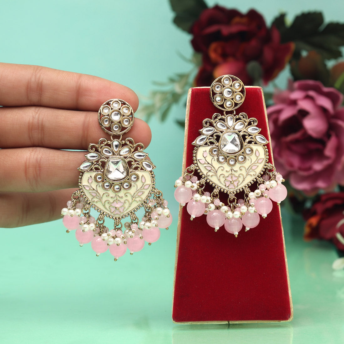 Pink Color Meena Work Kundan Earrings (KDE1027PNK) Jewellery GetGlit