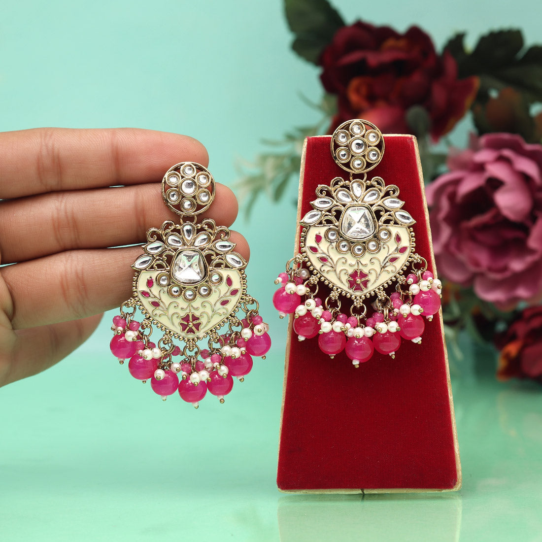 Rani Color Meena Work Kundan Earrings (KDE1027RNI) Jewellery GetGlit