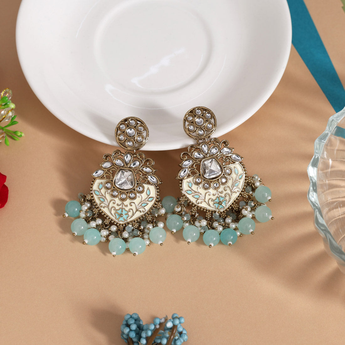 Sky Blue Color Meena Work Kundan Earrings (KDE1027SBLU) Jewellery GetGlit