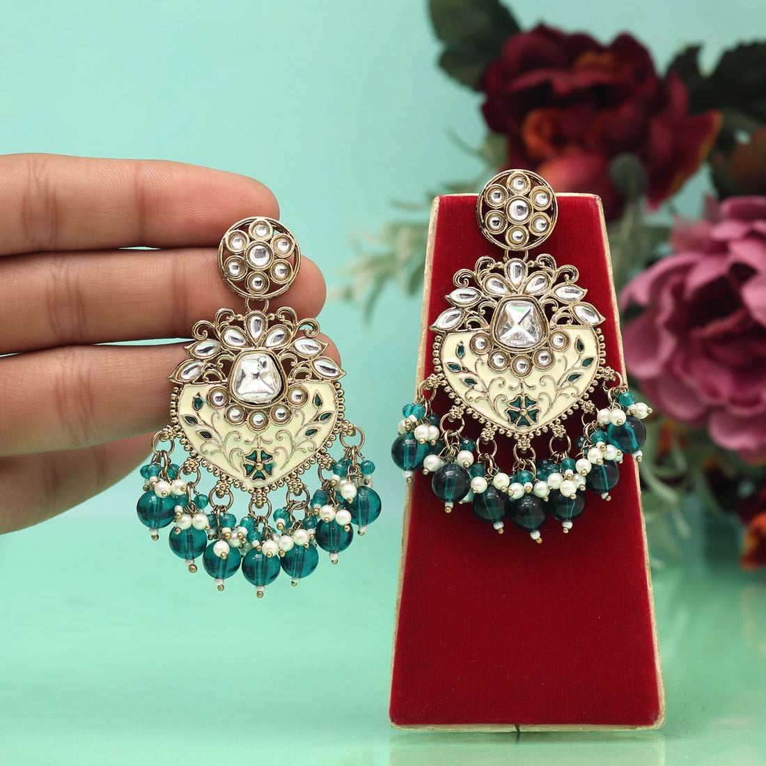 Turquoise Blue Color Meena Work Kundan Earrings (KDE1027TBLU) Jewellery GetGlit