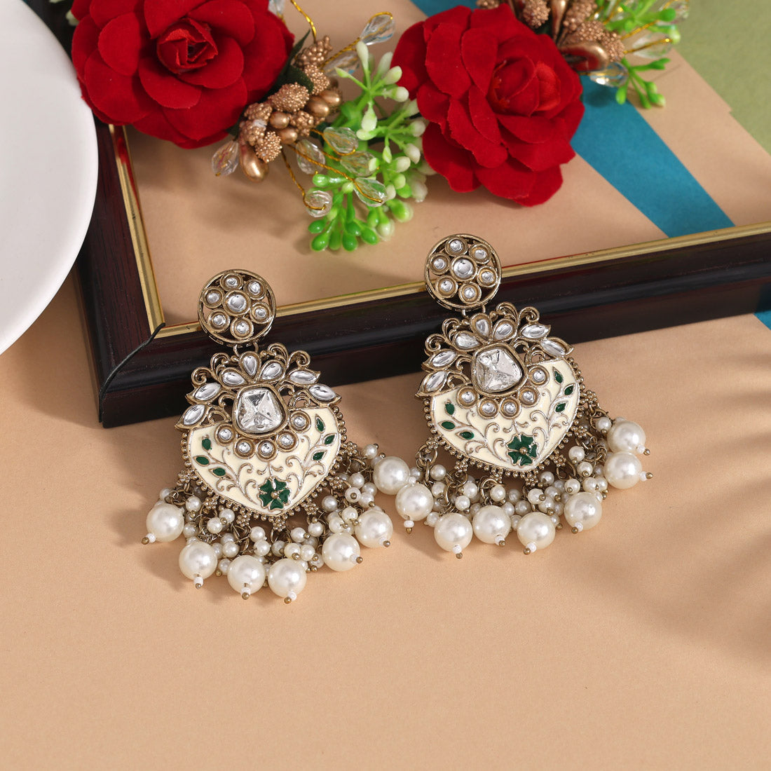 White Color Meena Work Kundan Earrings (KDE1027WHT) Jewellery GetGlit