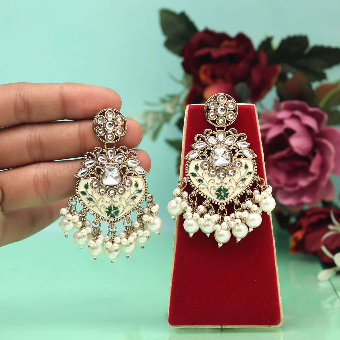 White Color Meena Work Kundan Earrings (KDE1027WHT) Jewellery GetGlit