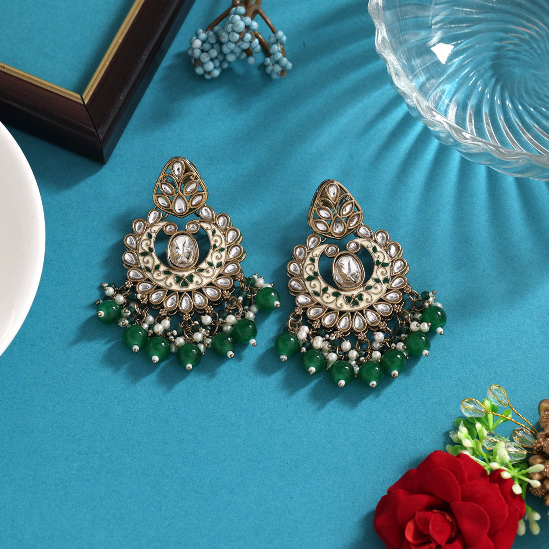 Green Color Meena Work Kundan Earrings (KDE1028GRN) Jewellery GetGlit