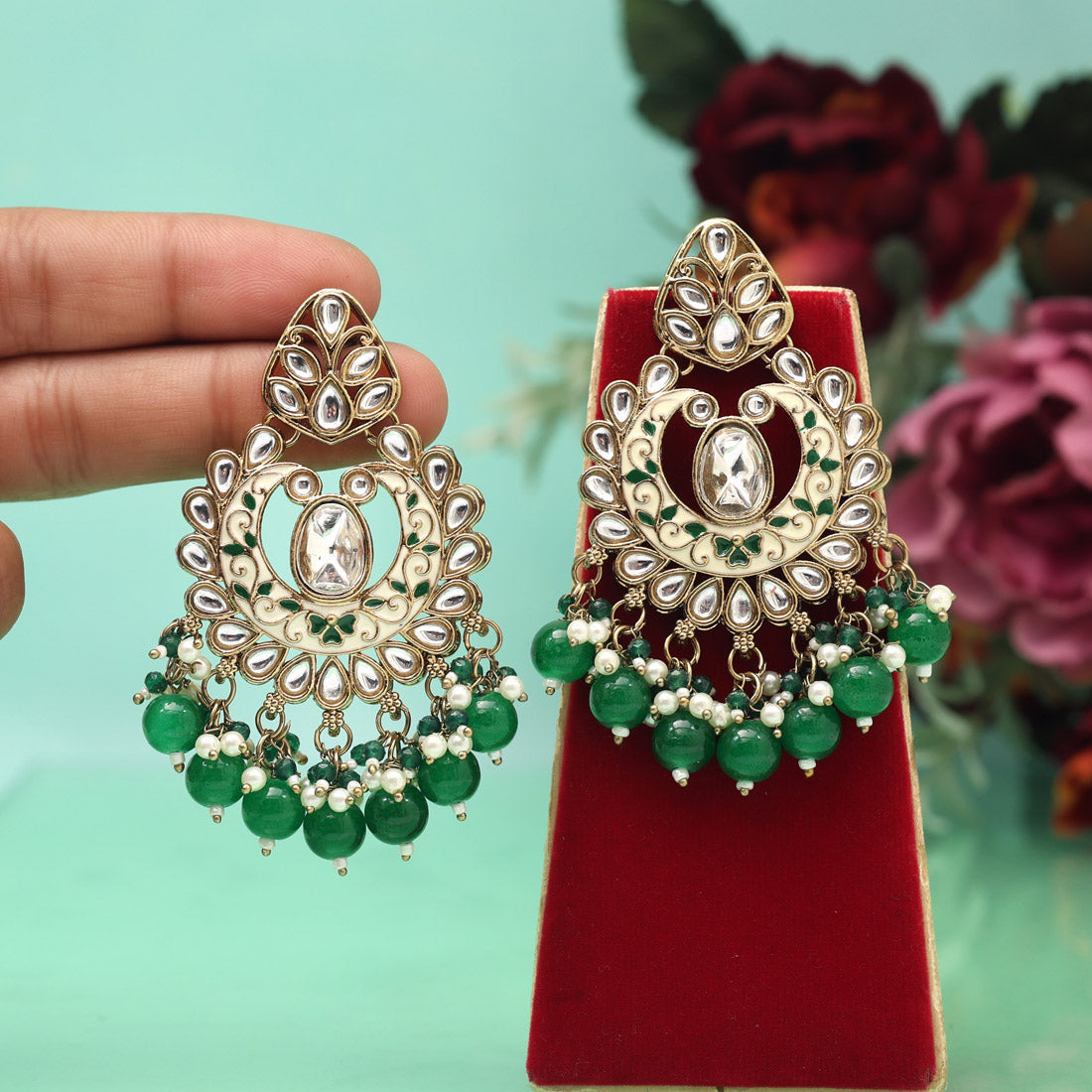 Green Color Meena Work Kundan Earrings (KDE1028GRN) Jewellery GetGlit