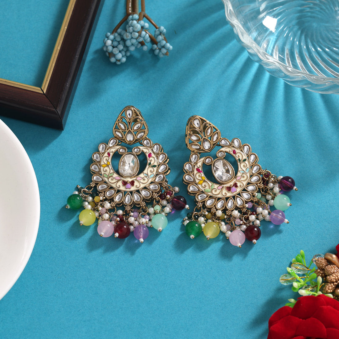 Multi Color Meena Work Kundan Earrings (KDE1028MLT) Jewellery GetGlit