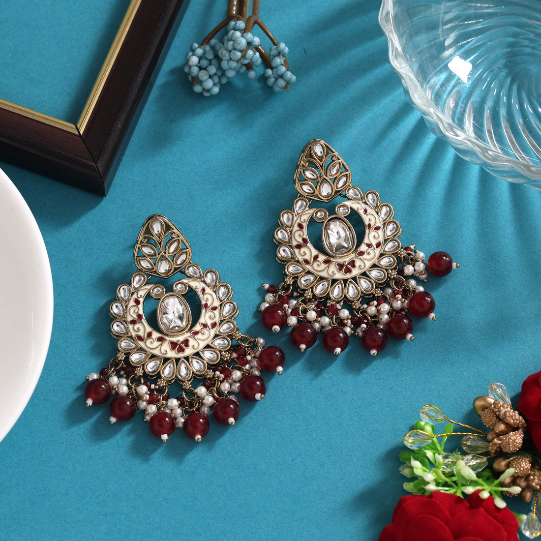 Maroon Color Meena Work Kundan Earrings (KDE1028MRN) Jewellery GetGlit