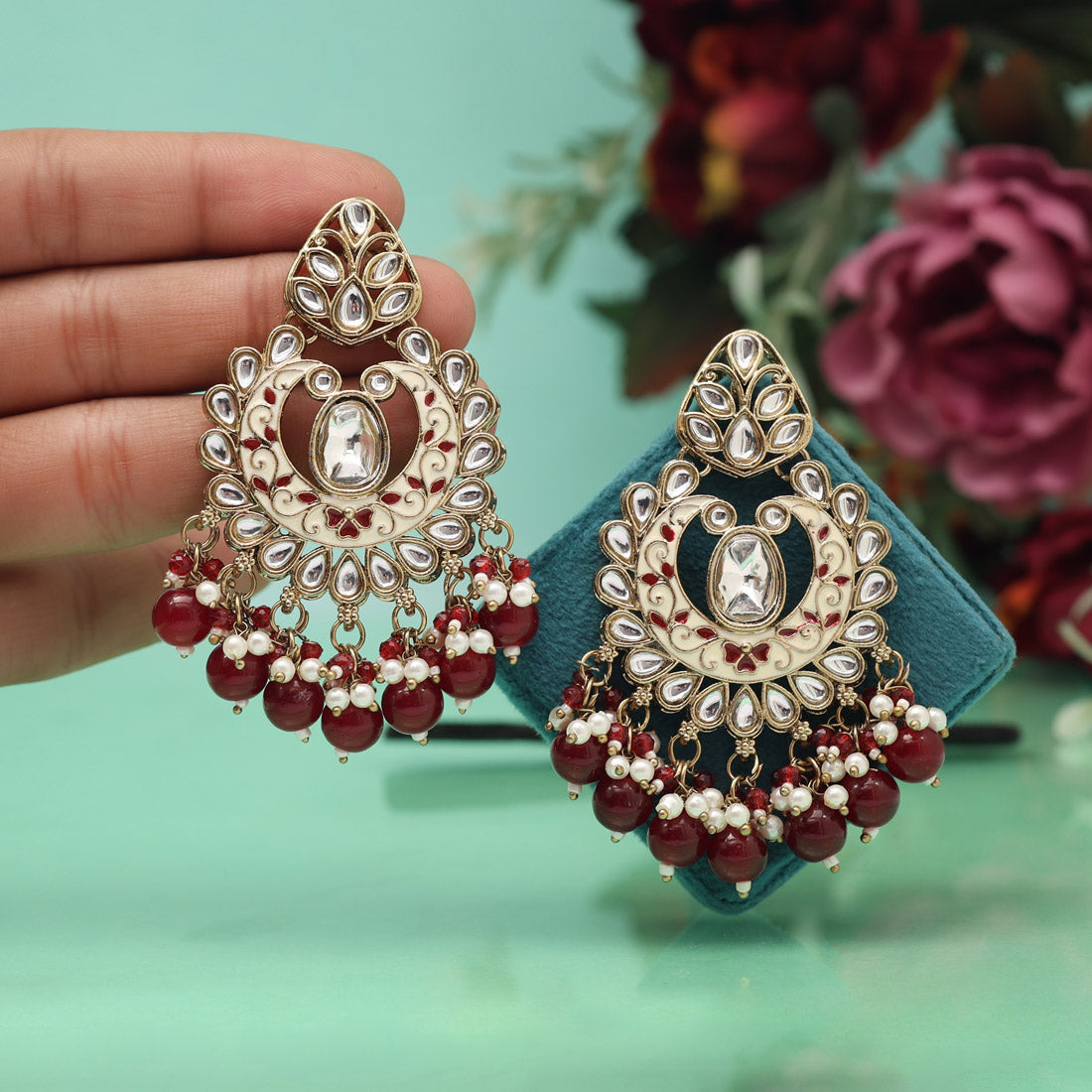 Maroon Color Meena Work Kundan Earrings (KDE1028MRN) Jewellery GetGlit