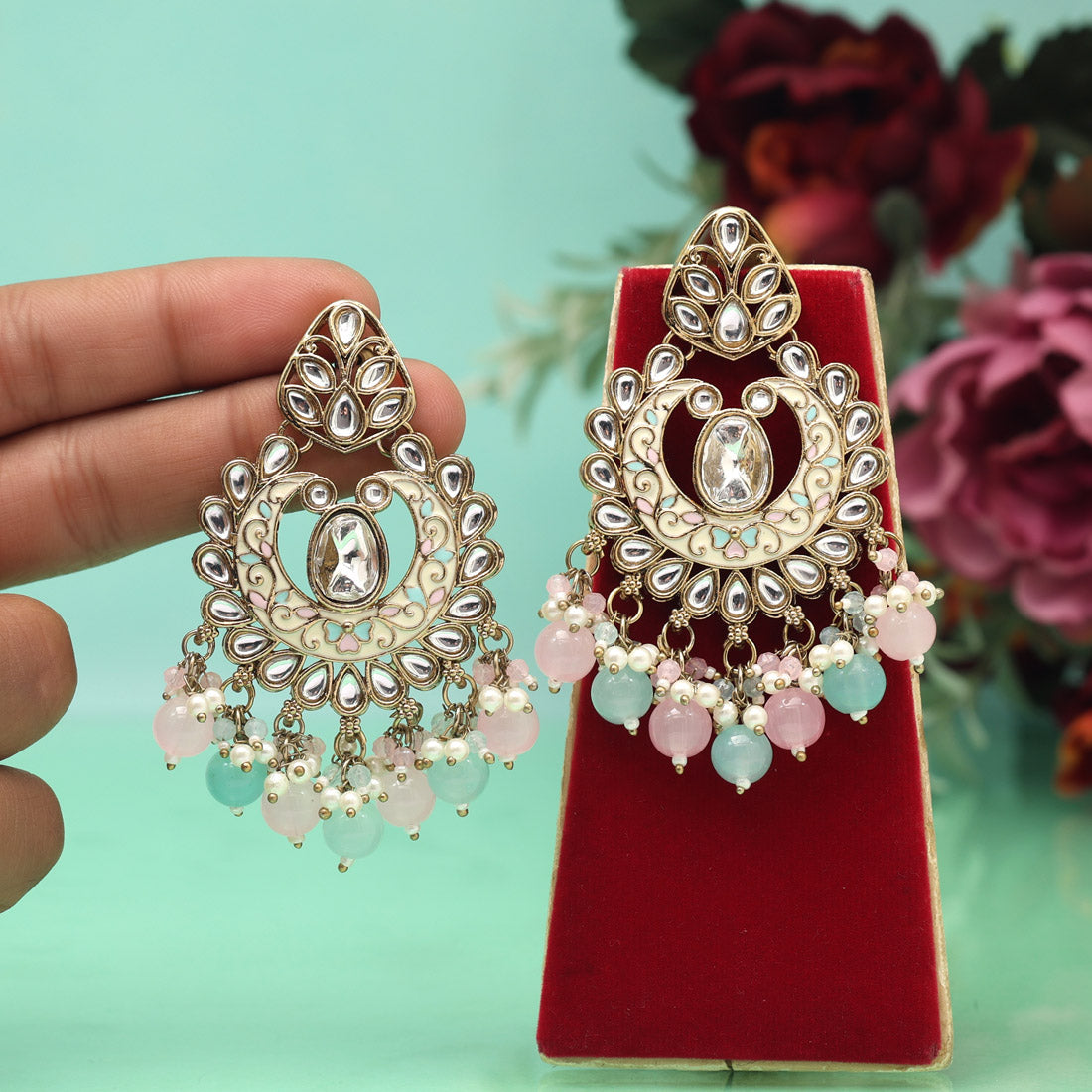 Pink & Sky Blue Color Meena Work Kundan Earrings (KDE1028PNKSBLU) Jewellery GetGlit