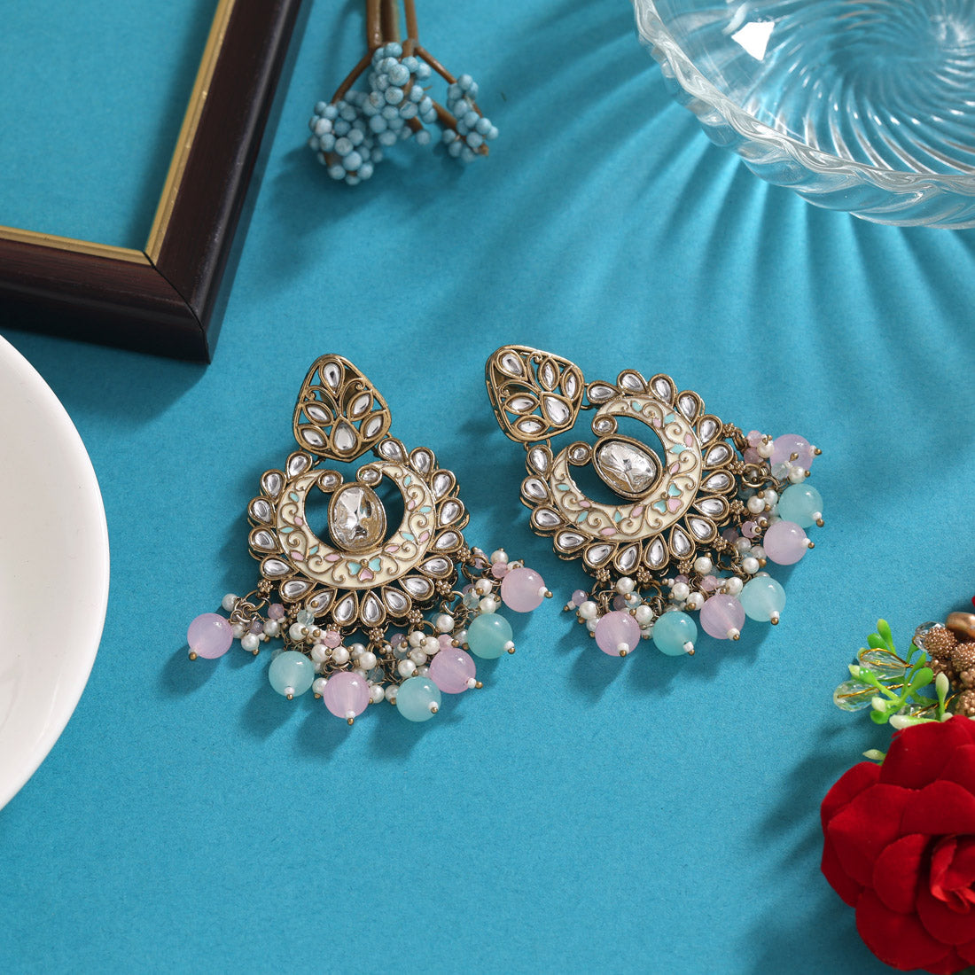 Pink & Sky Blue Color Meena Work Kundan Earrings (KDE1028PNKSBLU) Jewellery GetGlit