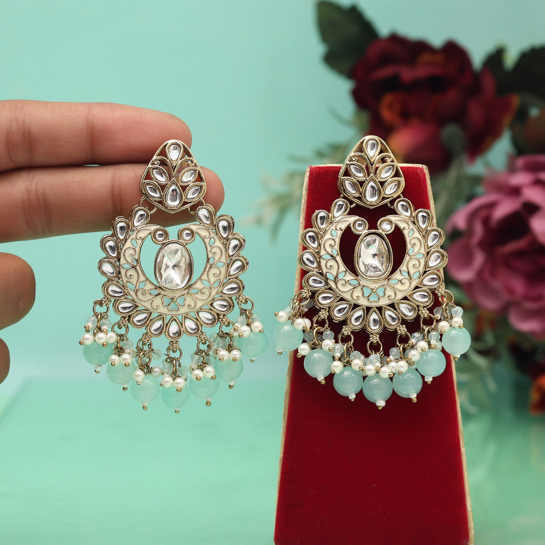 Sky Blue Color Meena Work Kundan Earrings (KDE1028SBLU) Jewellery GetGlit