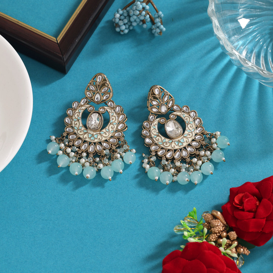 Sky Blue Color Meena Work Kundan Earrings (KDE1028SBLU) Jewellery GetGlit