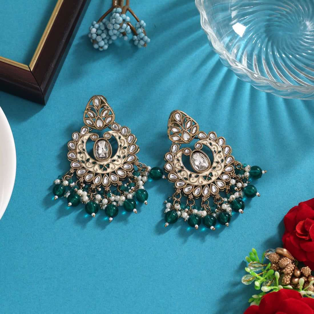 Turquoise Blue Color Meena Work Kundan Earrings (KDE1028TBLU) Jewellery GetGlit