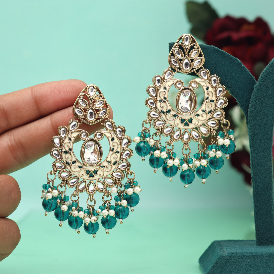 Turquoise Blue Color Meena Work Kundan Earrings (KDE1028TBLU) Jewellery GetGlit