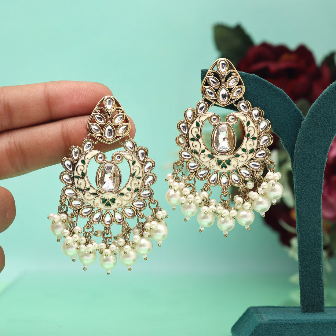 White Color Meena Work Kundan Earrings (KDE1028WHT) Jewellery GetGlit