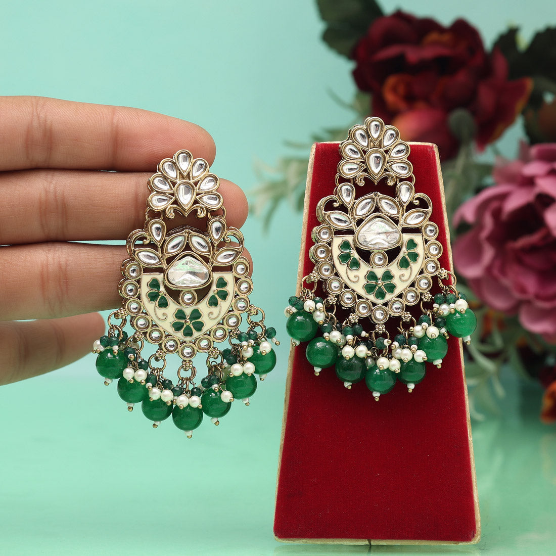 Green Color Meena Work Kundan Earrings (KDE1029GRN) Jewellery GetGlit