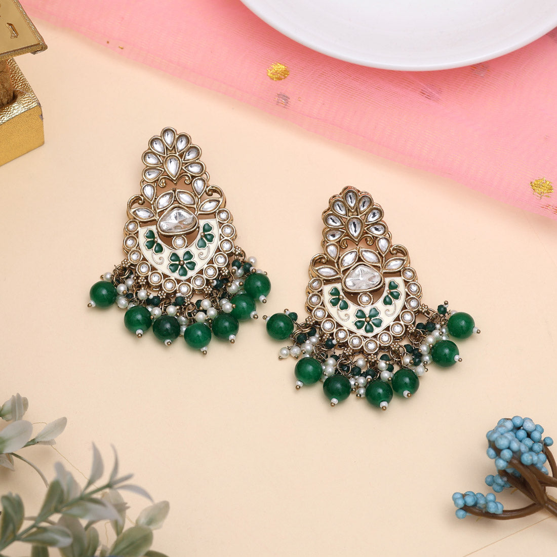 Green Color Meena Work Kundan Earrings (KDE1029GRN) Jewellery GetGlit