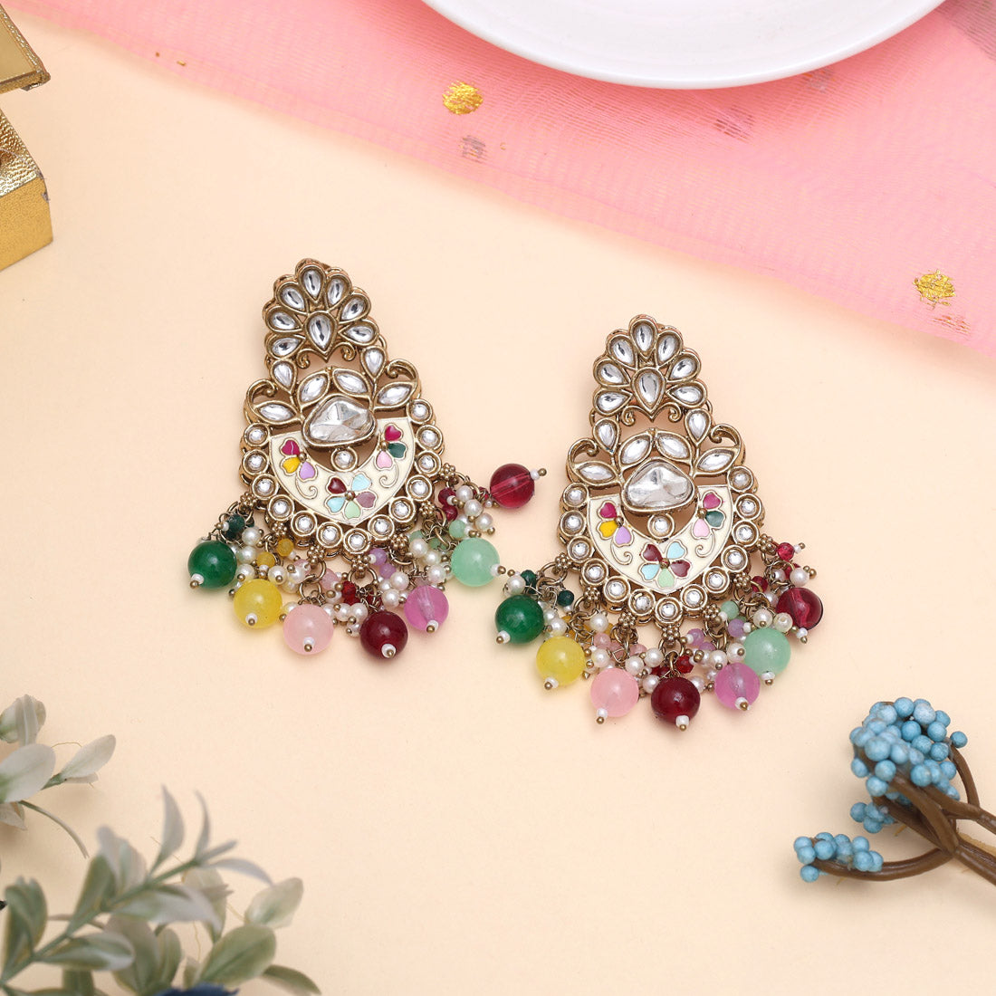 Multi Color Meena Work Kundan Earrings (KDE1029MLT) Jewellery GetGlit