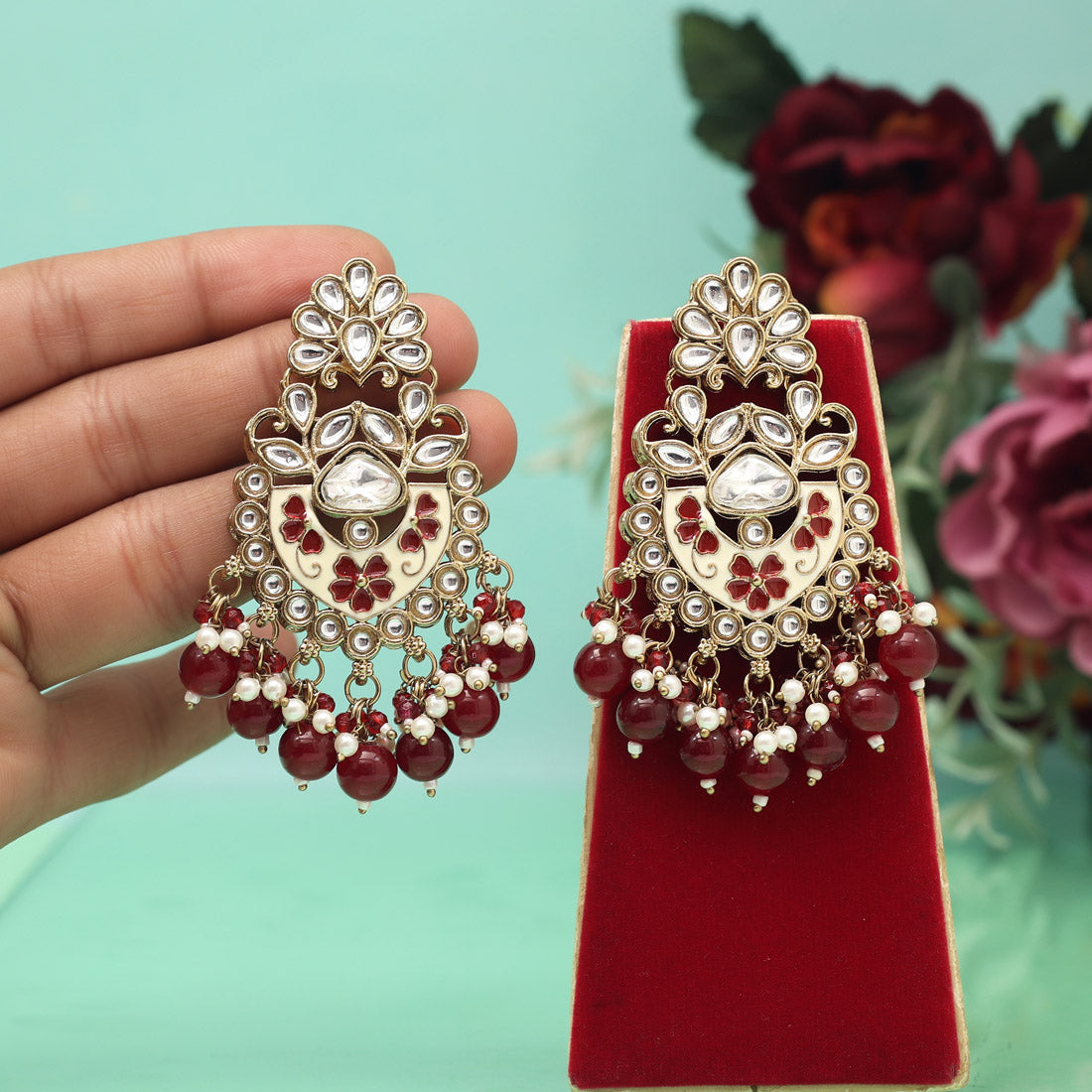 Maroon Color Meena Work Kundan Earrings (KDE1029MRN) Jewellery GetGlit