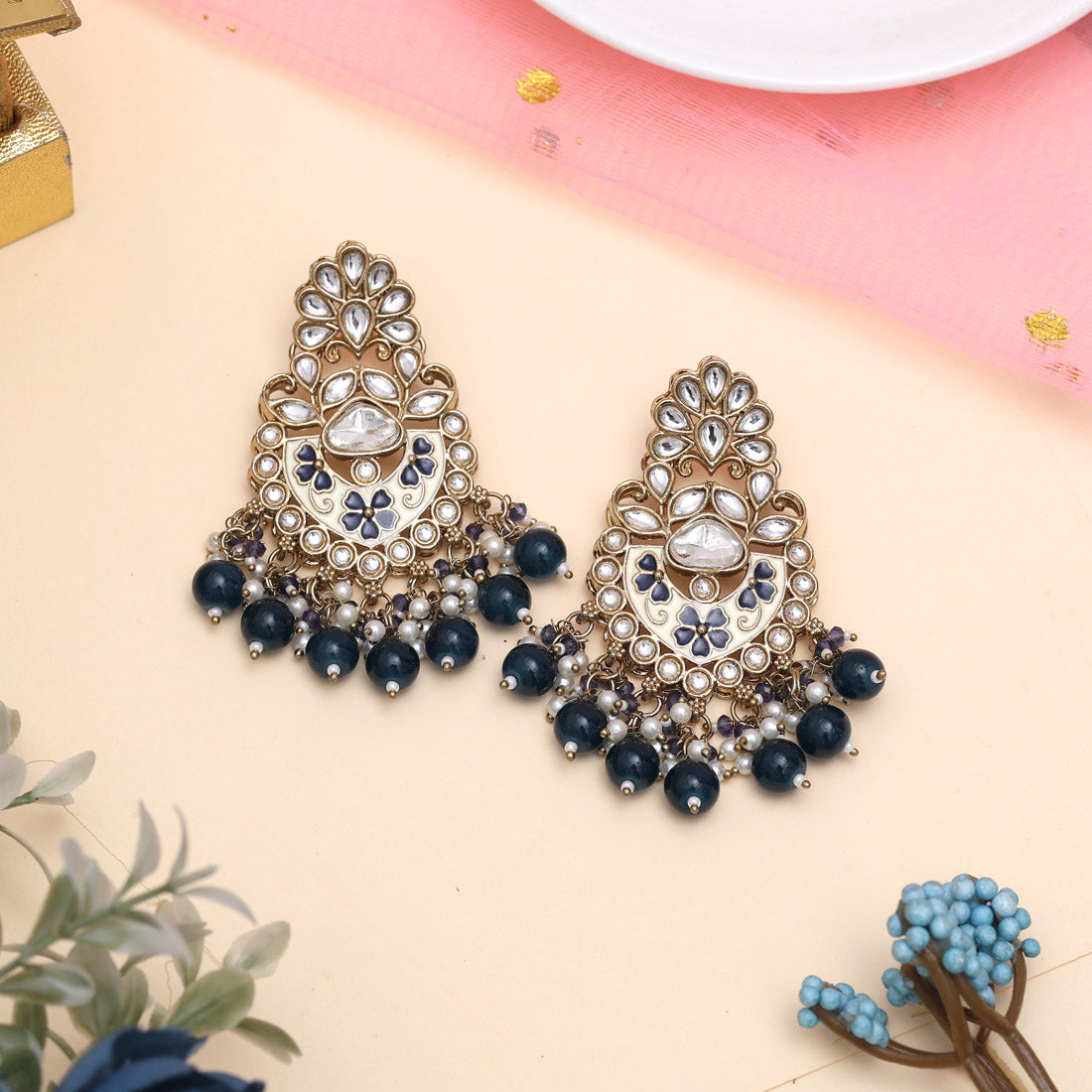 Navy Blue Color Meena Work Kundan Earrings (KDE1029NBLU) Jewellery GetGlit