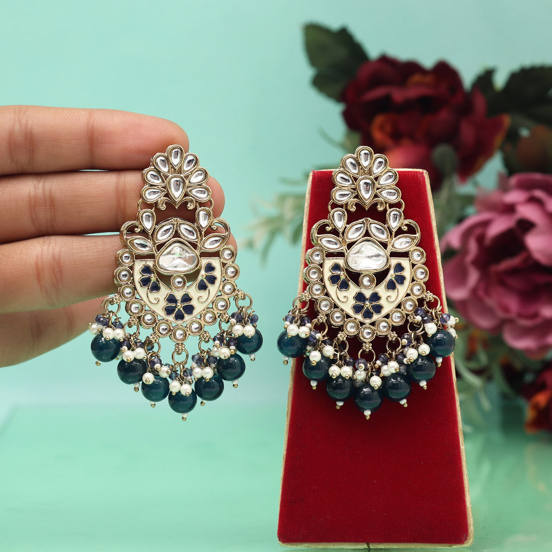 Navy Blue Color Meena Work Kundan Earrings (KDE1029NBLU) Jewellery GetGlit