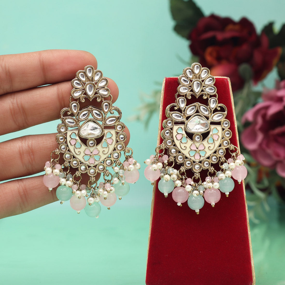 Pink & Sky Blue Color Meena Work Kundan Earrings (KDE1029PNKSBLU) Jewellery GetGlit