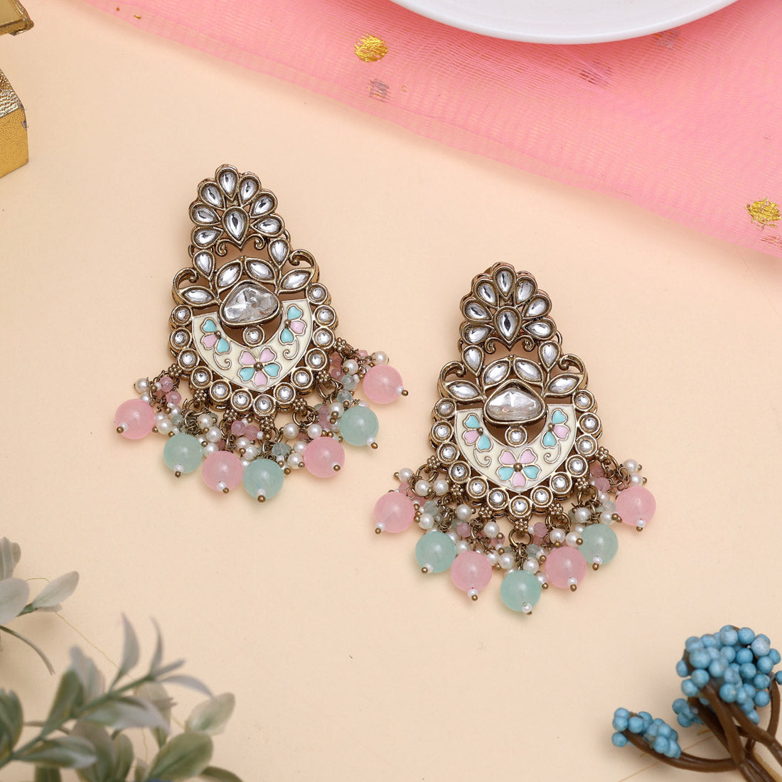 Pink & Sky Blue Color Meena Work Kundan Earrings (KDE1029PNKSBLU) Jewellery GetGlit