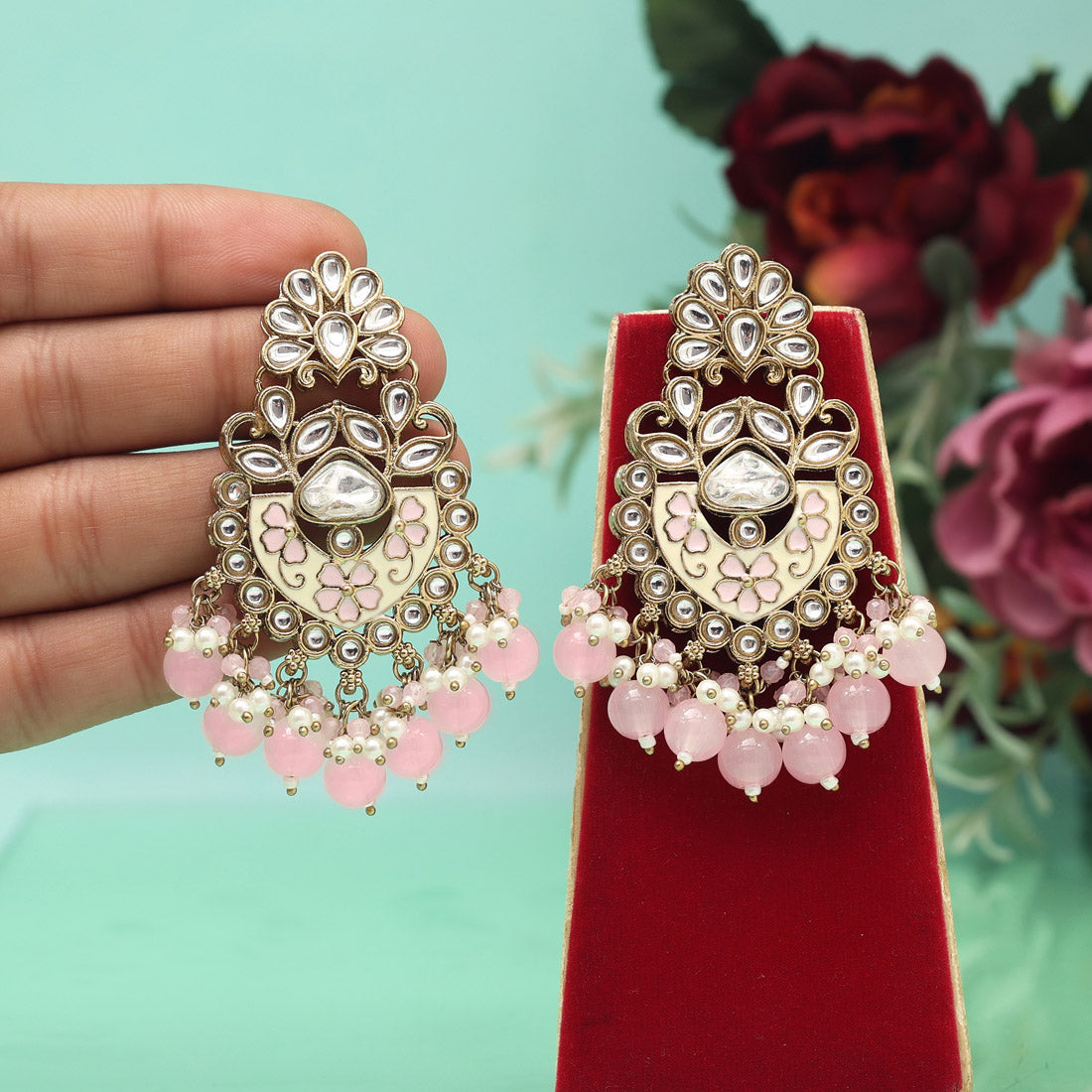 Pink Color Meena Work Kundan Earrings (KDE1029PNK) Jewellery GetGlit