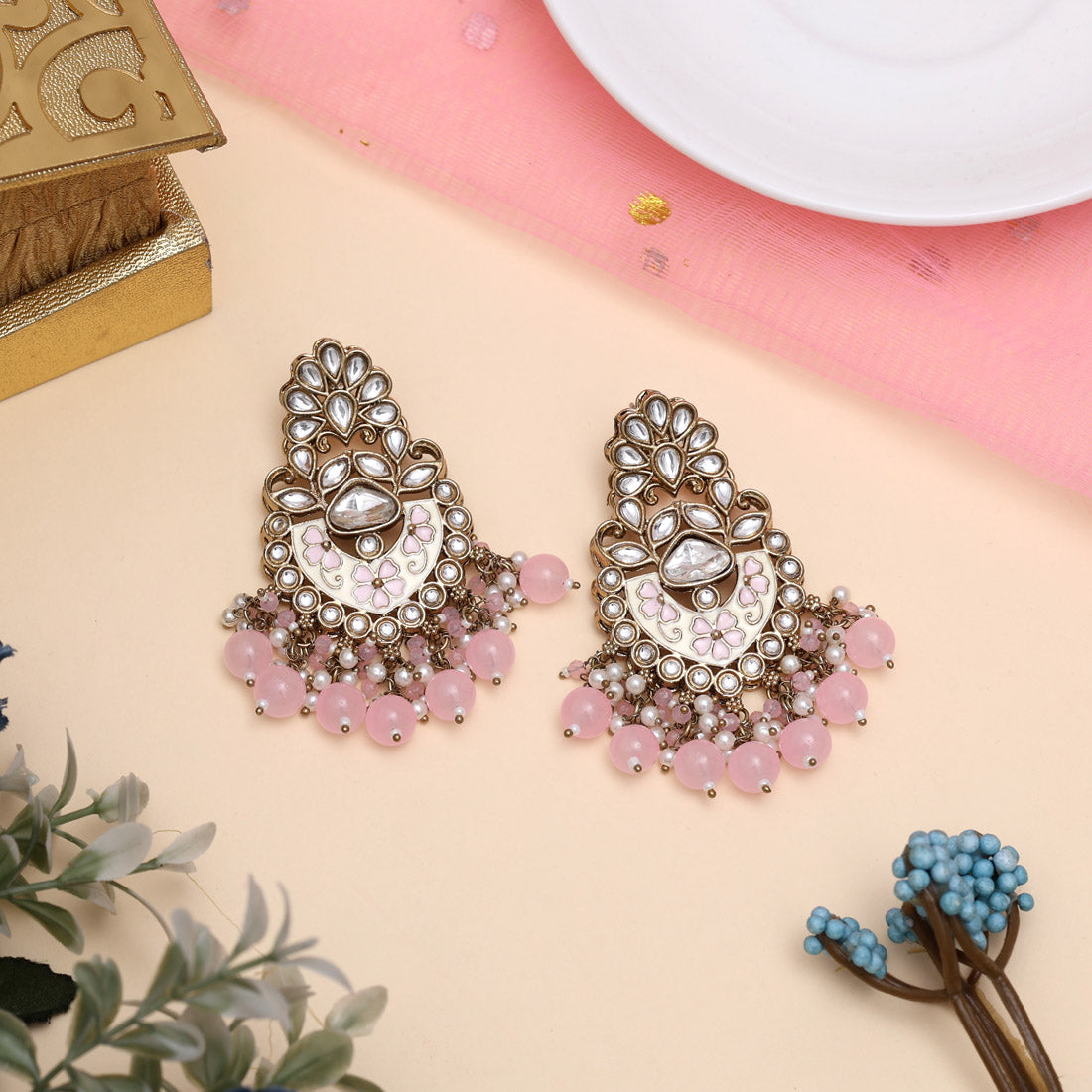 Pink Color Meena Work Kundan Earrings (KDE1029PNK) Jewellery GetGlit