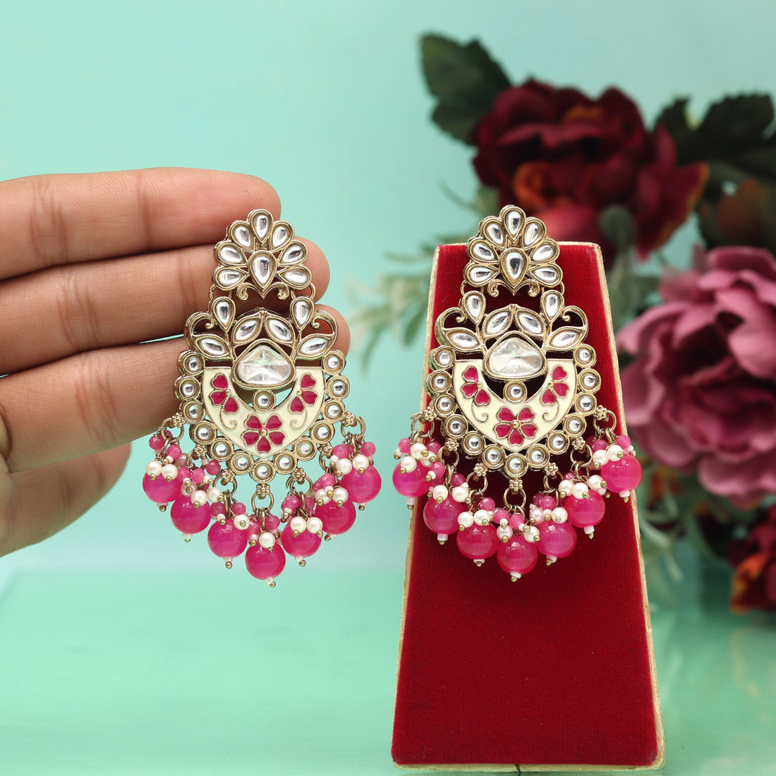 Rani Color Meena Work Kundan Earrings (KDE1029RNI) Jewellery GetGlit