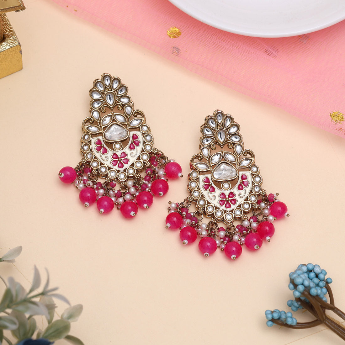 Rani Color Meena Work Kundan Earrings (KDE1029RNI) Jewellery GetGlit