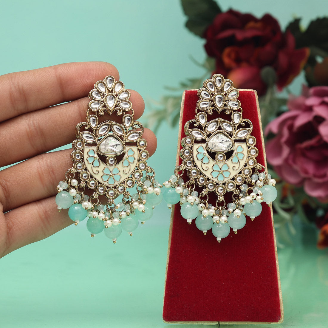 Sky Blue Color Meena Work Kundan Earrings (KDE1029SBLU) Jewellery GetGlit