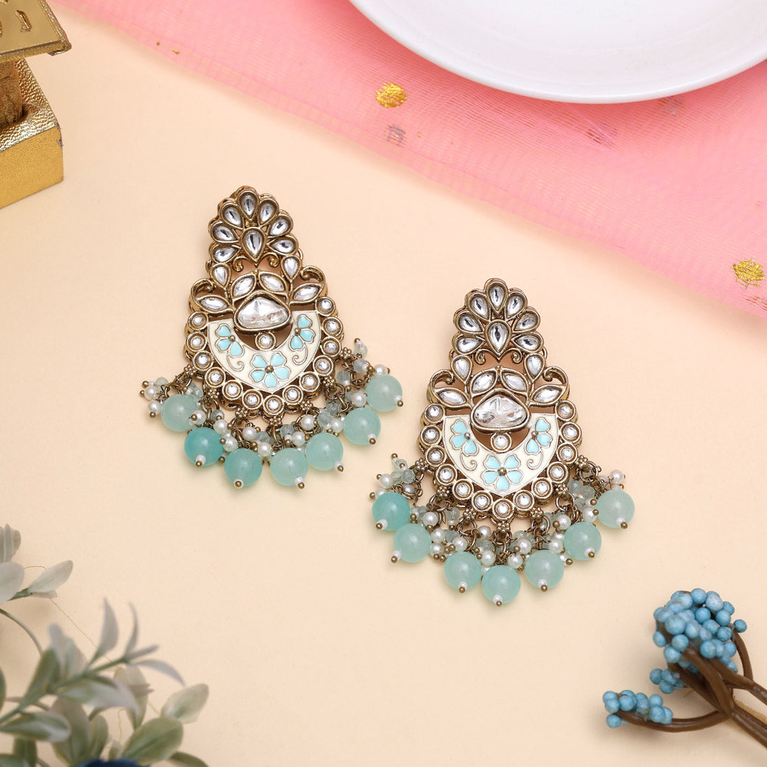 Sky Blue Color Meena Work Kundan Earrings (KDE1029SBLU) Jewellery GetGlit