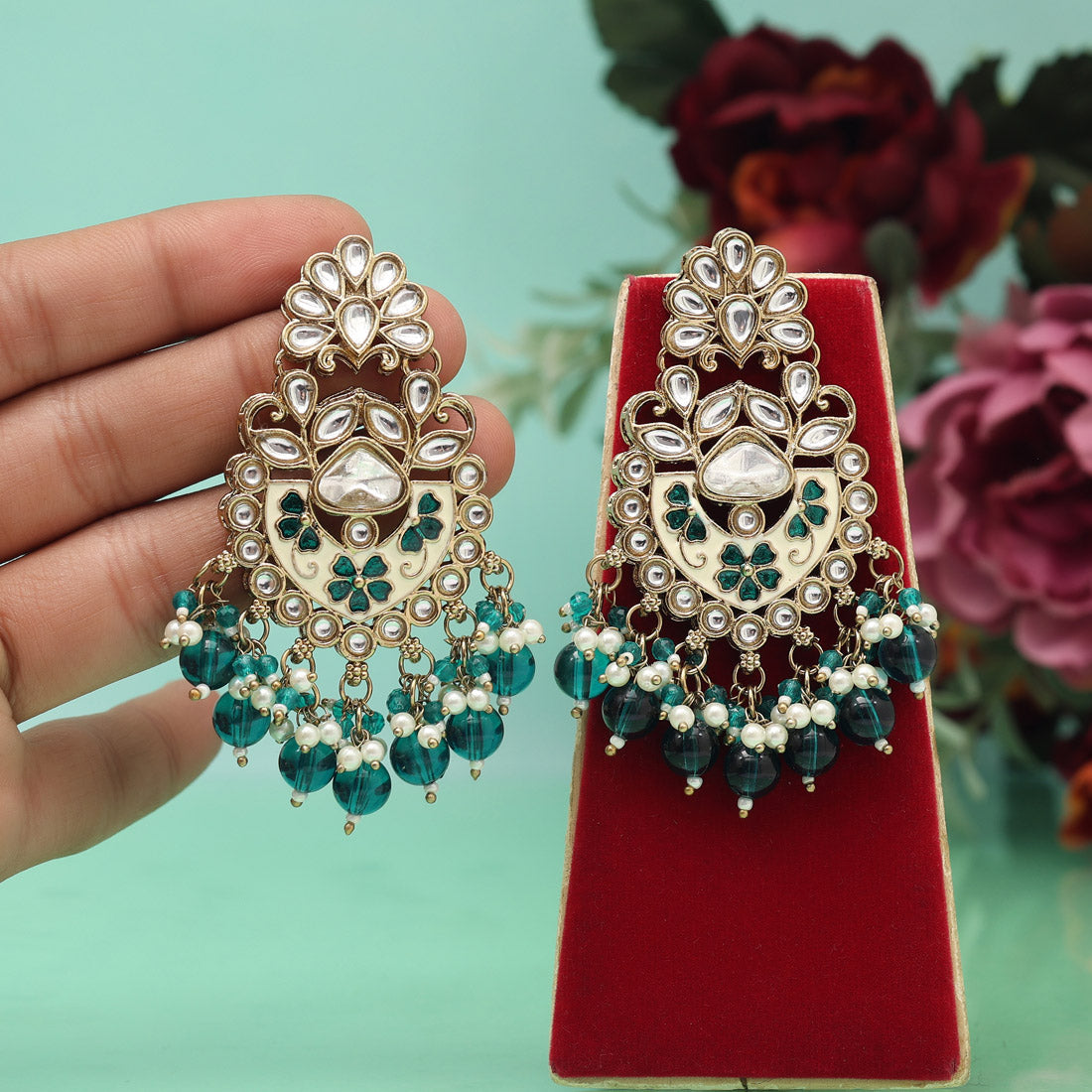 Turquoise Blue Color Meena Work Kundan Earrings (KDE1029TBLU) Jewellery GetGlit