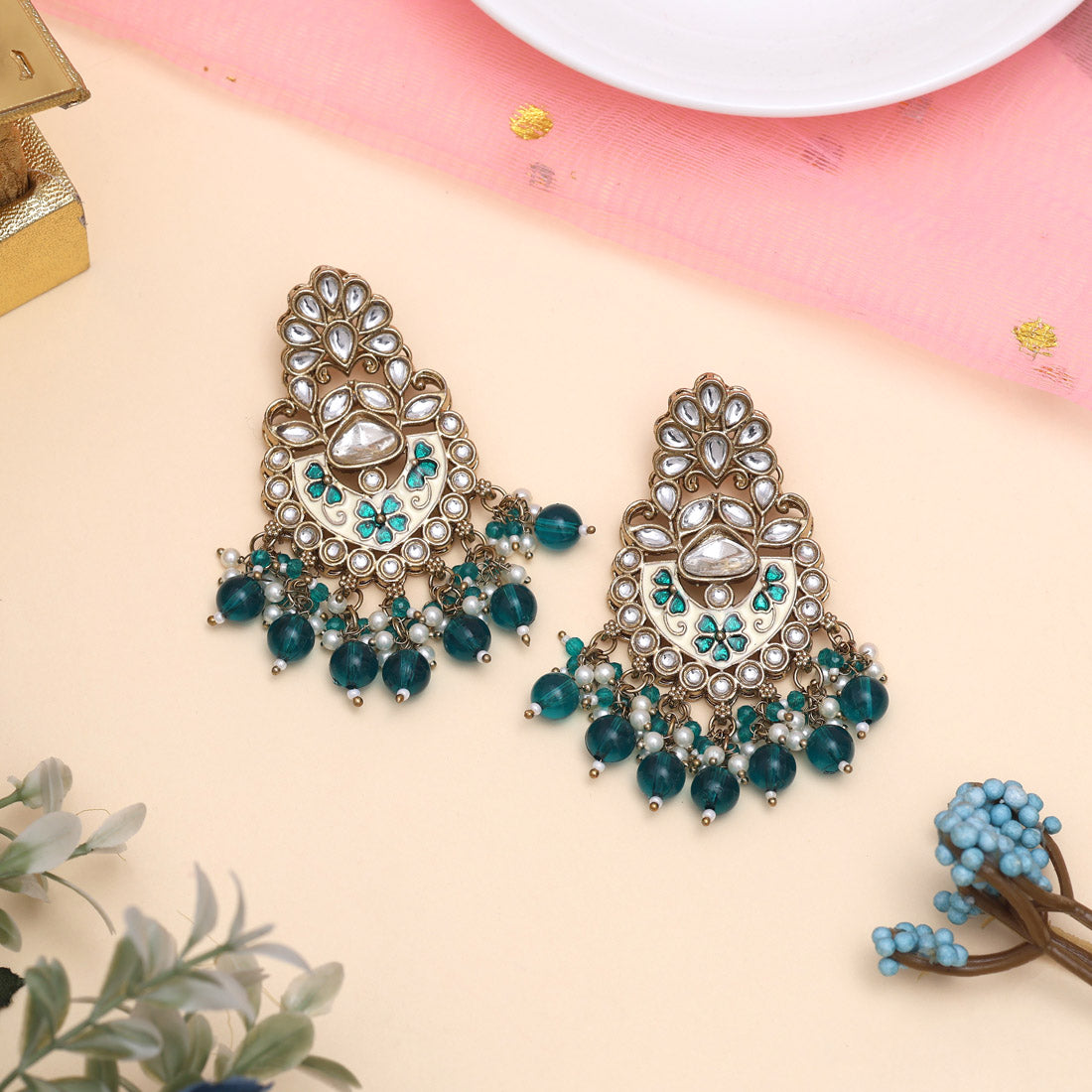 Turquoise Blue Color Meena Work Kundan Earrings (KDE1029TBLU) Jewellery GetGlit