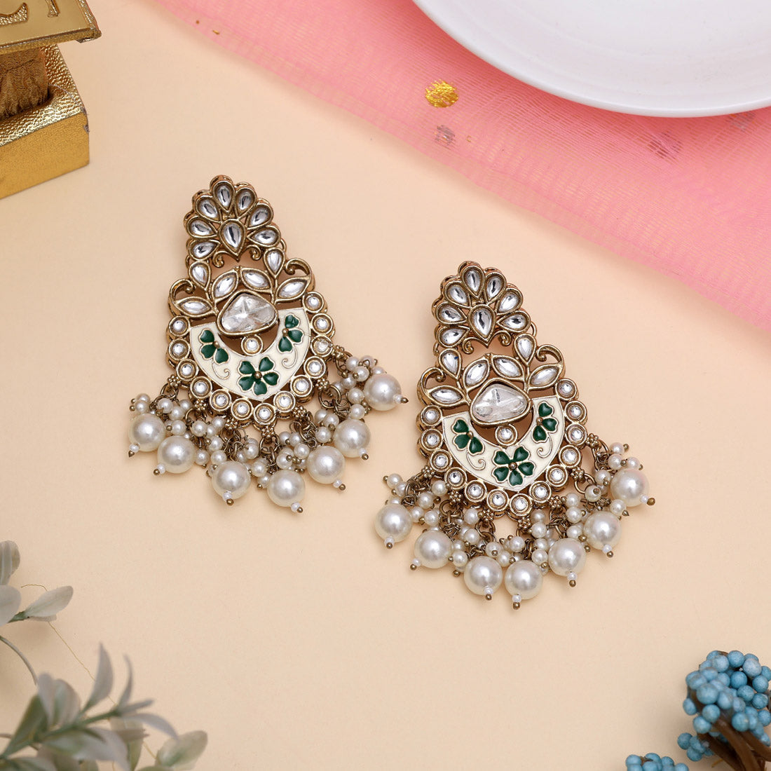 White Color Meena Work Kundan Earrings (KDE1029WHT) Jewellery GetGlit