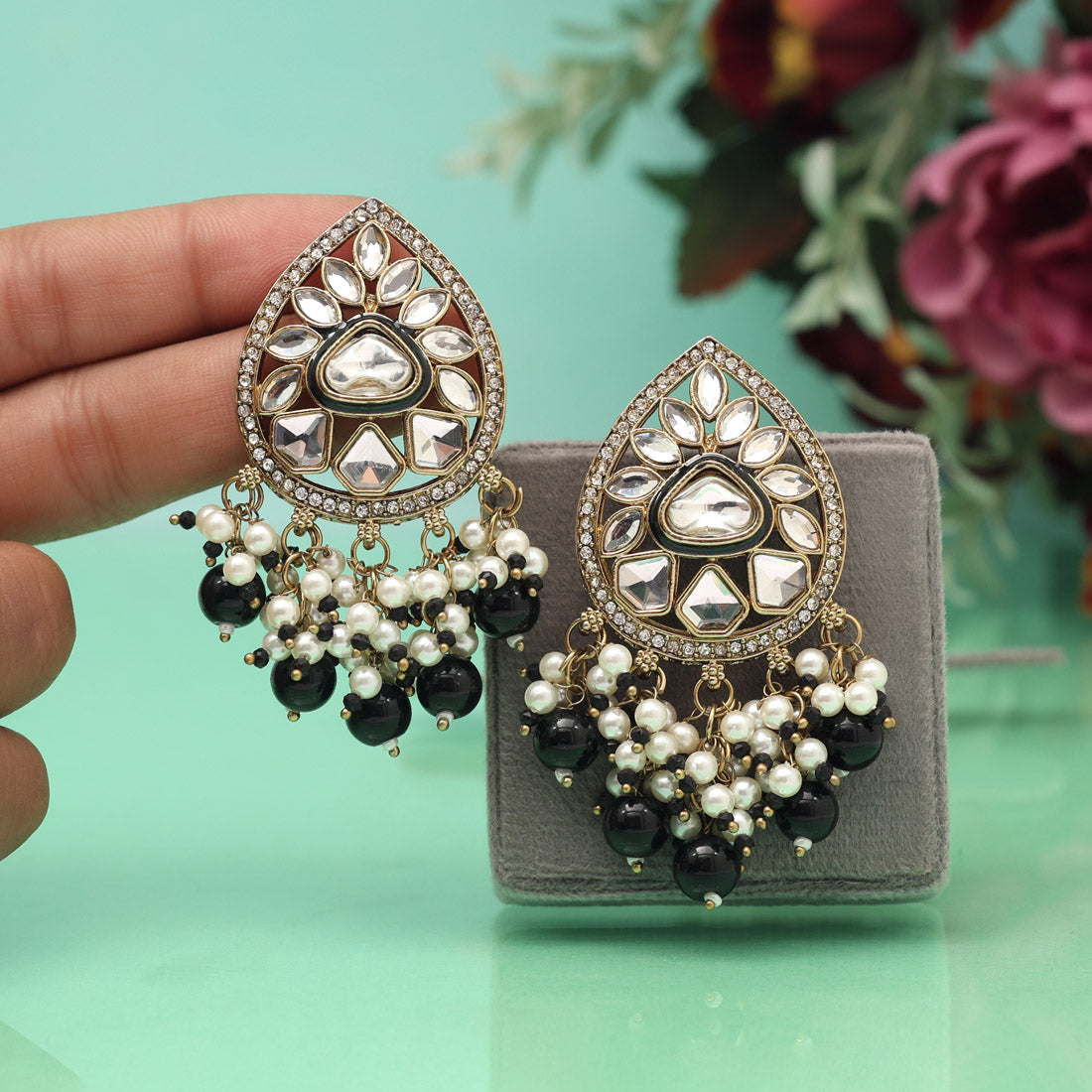 Black Color Meena Work Kundan Earrings (KDE1030BLK) Jewellery GetGlit