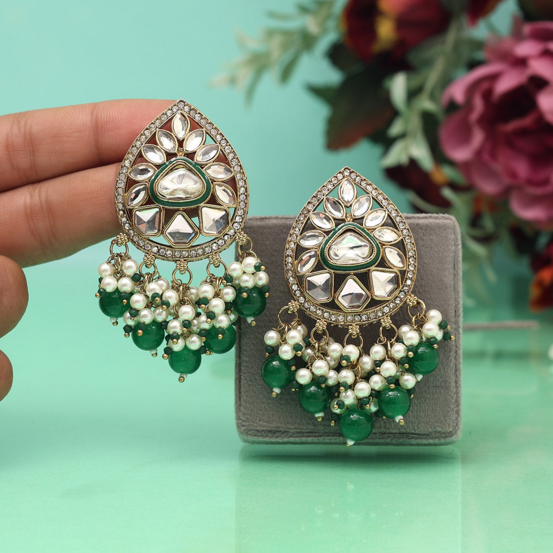 Green Color Meena Work Kundan Earrings (KDE1030GRN) Jewellery GetGlit